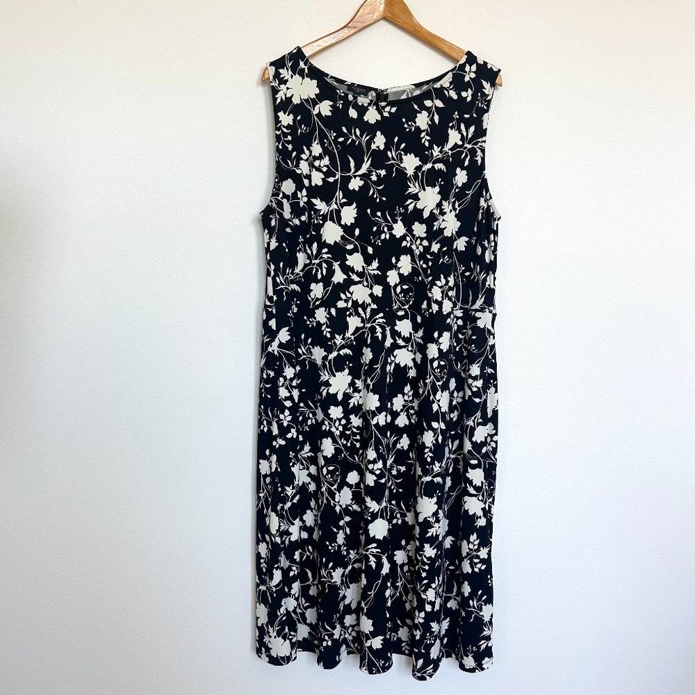 Talbots A Line Floral Midi Dress 2X Black White Sleeveless Stretch Jersey Knit
